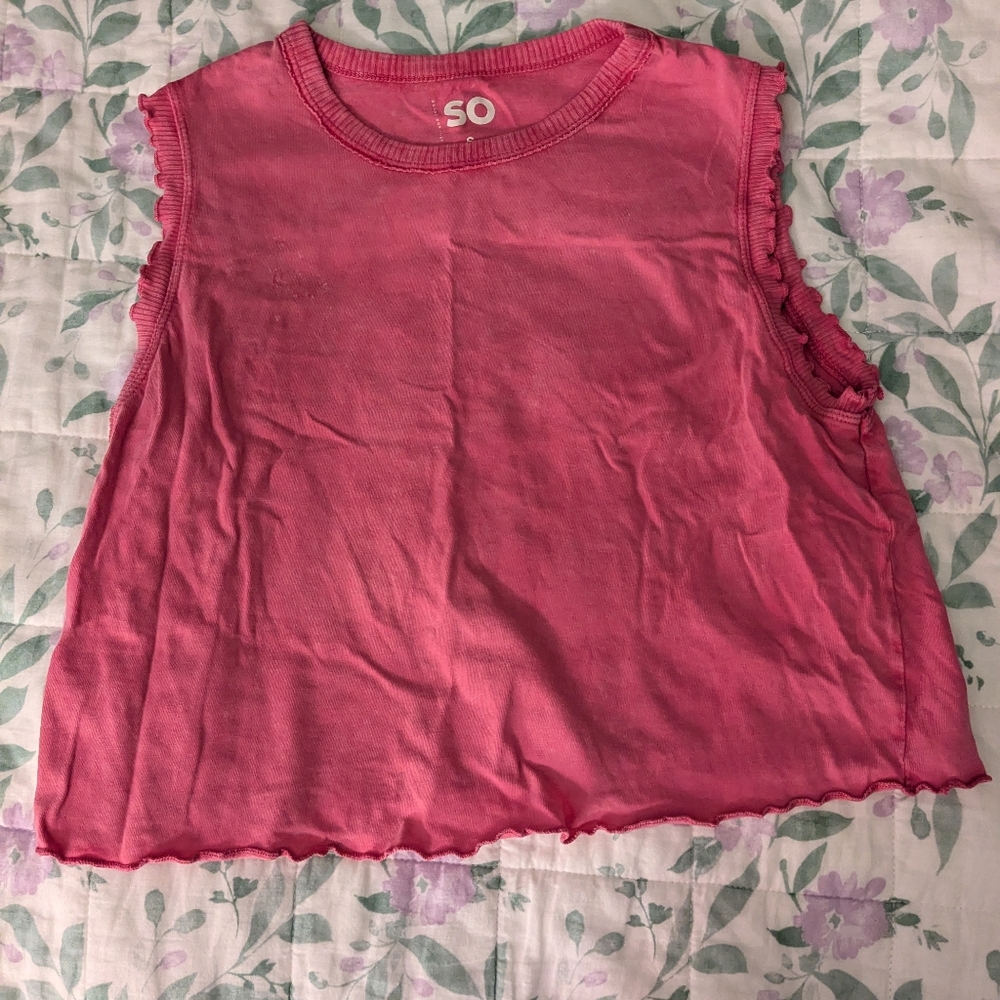 So Women's Small Bright Pink Muscle Tee Crop Top With Frilly Trim